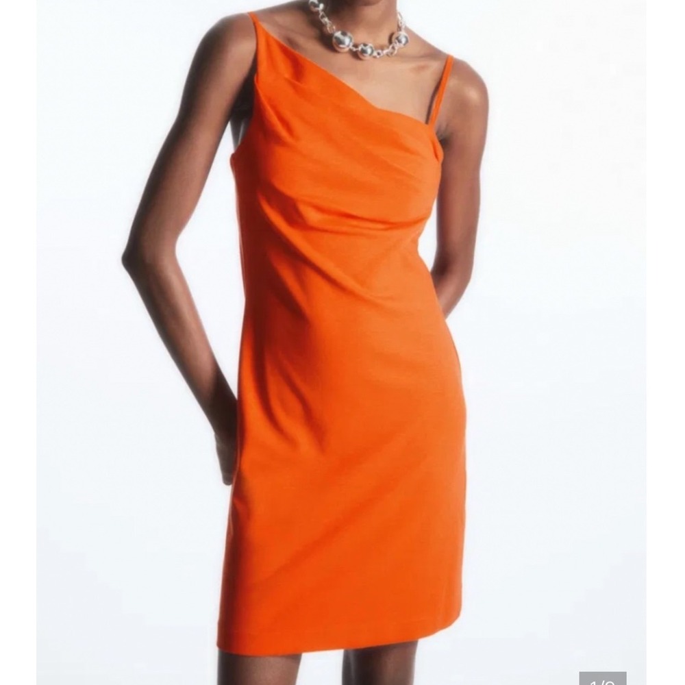 COS Draped Mini Dress Womens Small Orange Cowl Neck Asymmetrical Lyocell Stretch